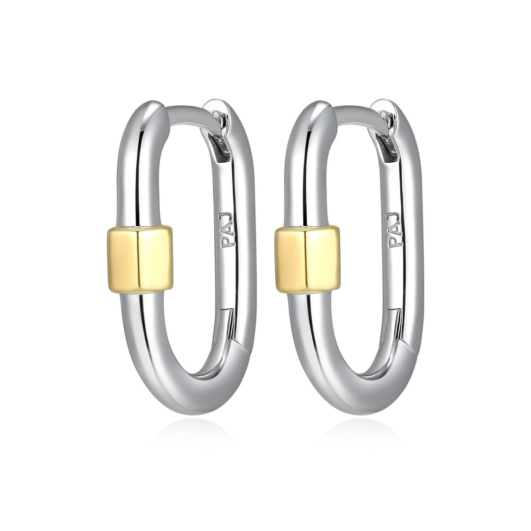 Two-Tone Sterling Silver Carabiner Link Huggie Hoop Earrings