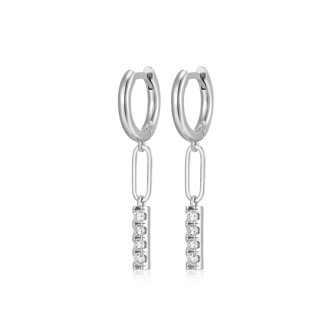 Sterling Silver Paperclip Link and Bar Drop Huggie Earrings
