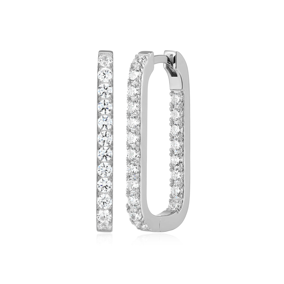 Sterling Silver Elongated Rectangular Hoop Earrings with Diamondlite CZ
