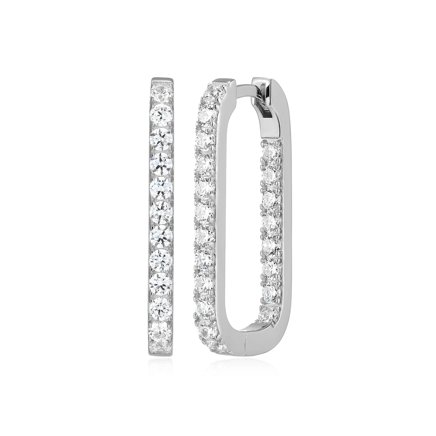 Sterling Silver Elongated Rectangular Hoop Earrings with Diamondlite CZ
