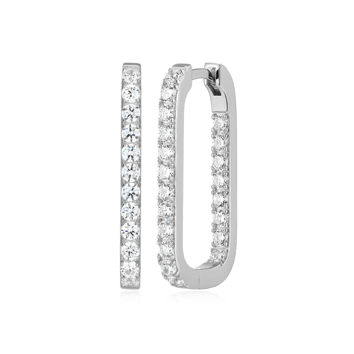 Sterling Silver Elongated Rectangular Hoop Earrings with Diamondlite CZ
