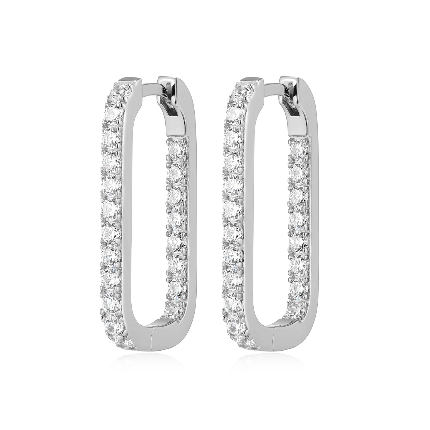 Sterling Silver Elongated Rectangular Hoop Earrings with Diamondlite CZ