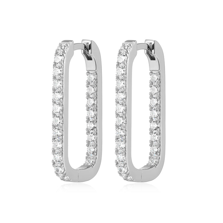 Sterling Silver Elongated Rectangular Hoop Earrings with Diamondlite CZ