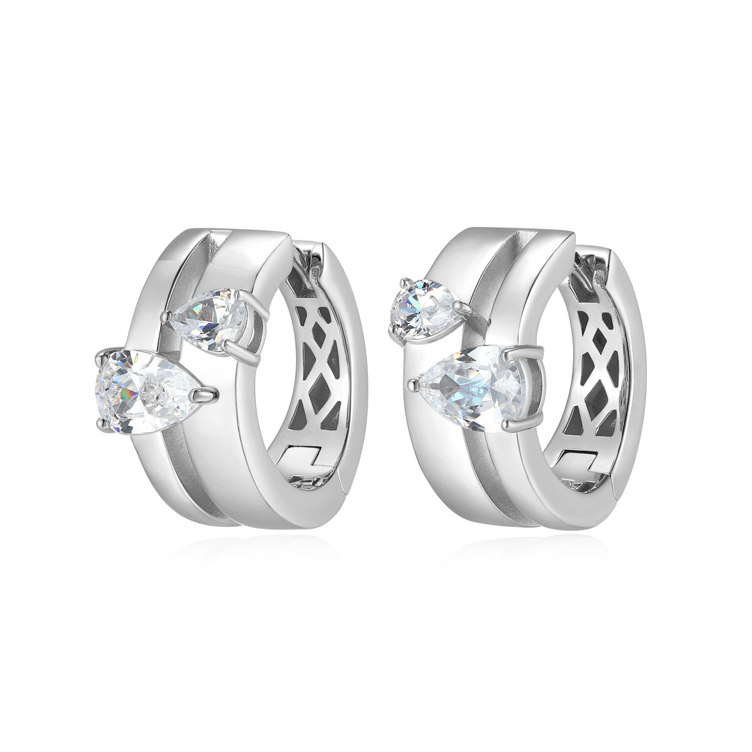 Sterling Silver Split Hoop Huggie Earrings with Pear Diamondlite CZ