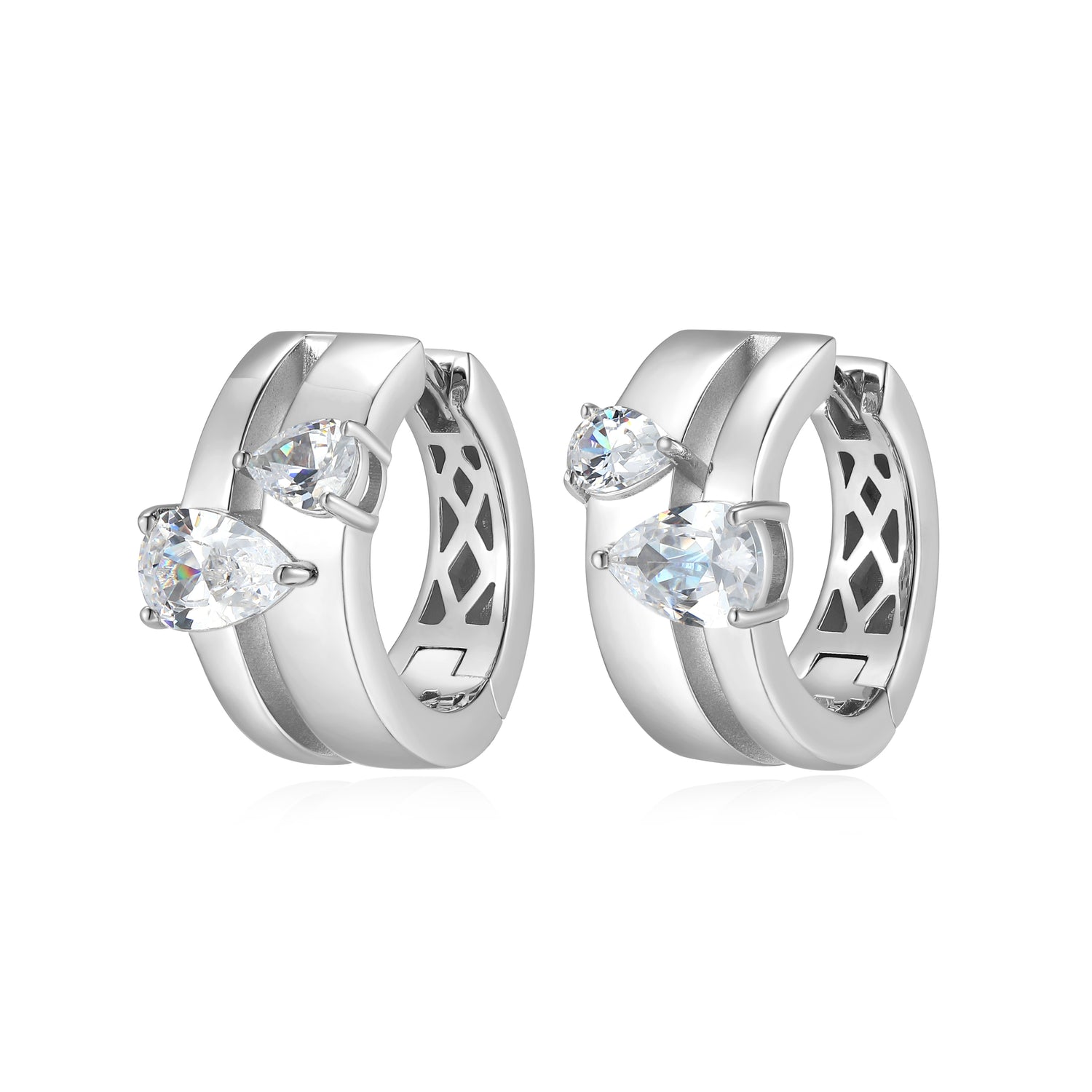 Sterling Silver Split Hoop Huggie Earrings with Pear Diamondlite CZ