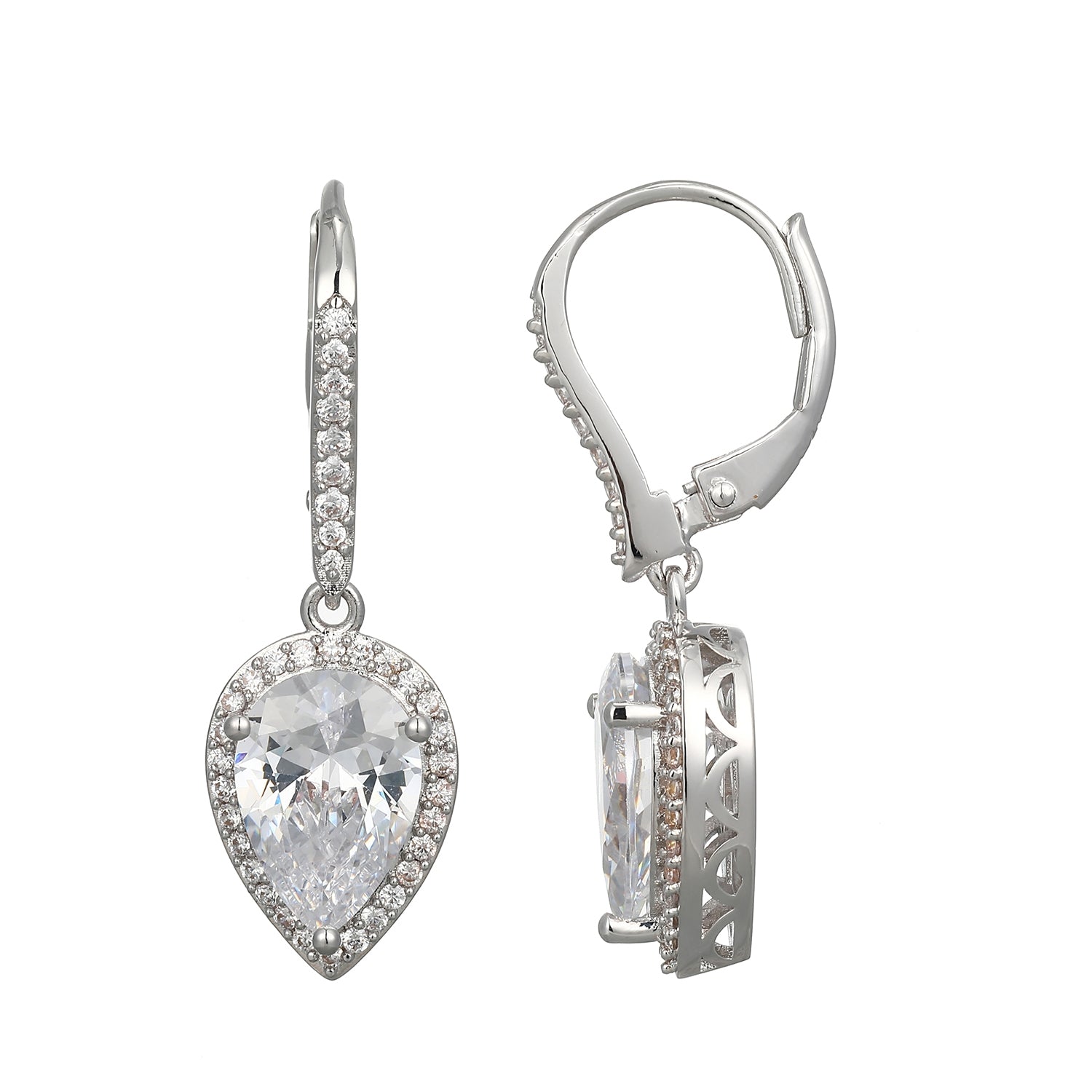 Sterling Silver Pear-Shaped Diamondlite CZ Halo Leverback Earrings
