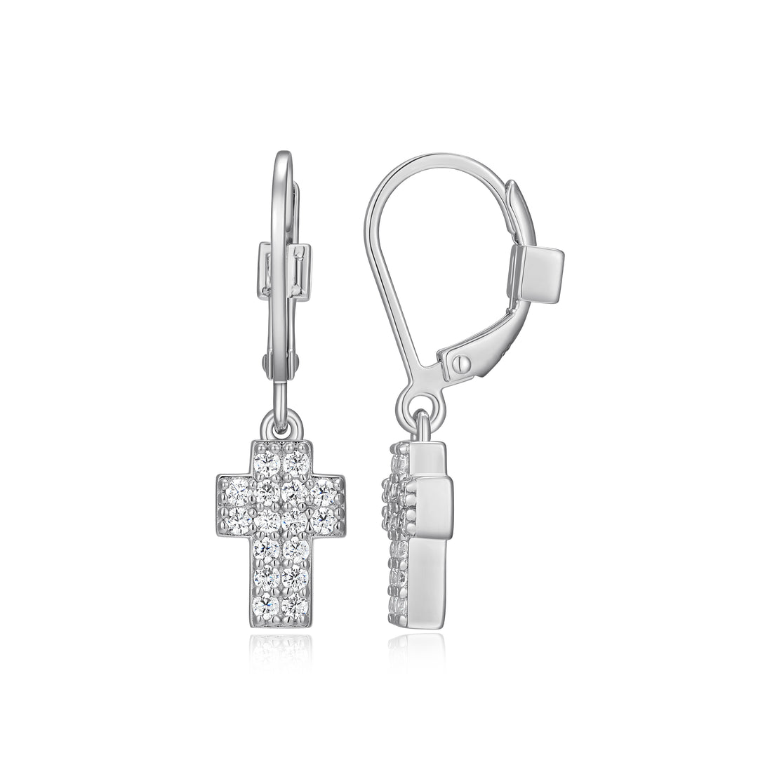 Silver & CZ Cross Dangle Leverback Earrings