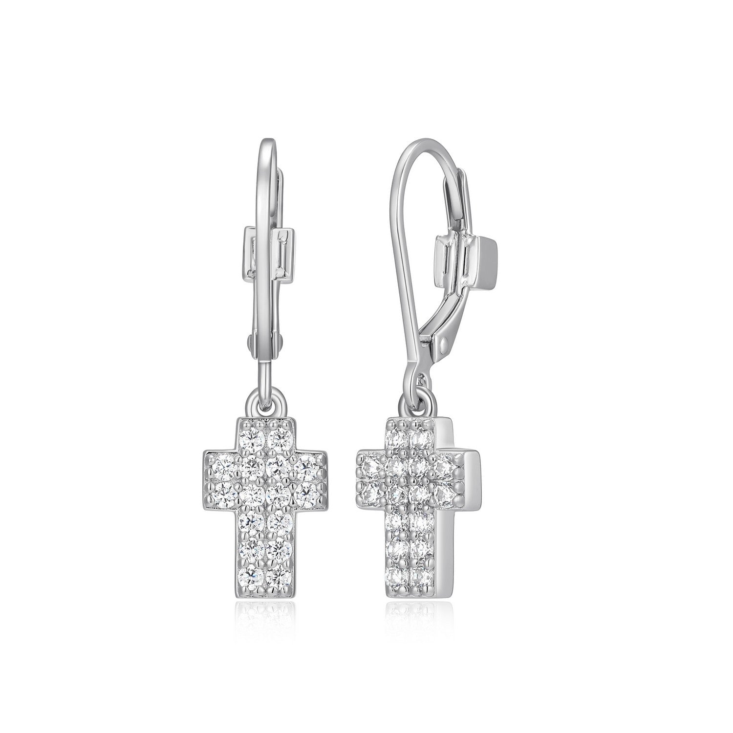 Silver & CZ Cross Dangle Leverback Earrings