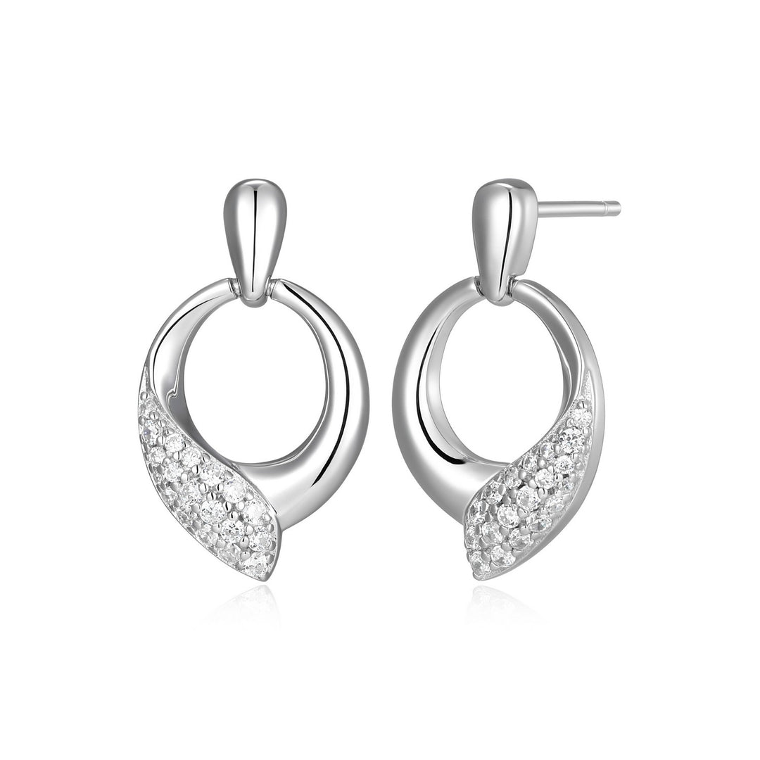 ELLE Amour Rhodium Sterling Silver CZ Circle Drop Stud Earrings