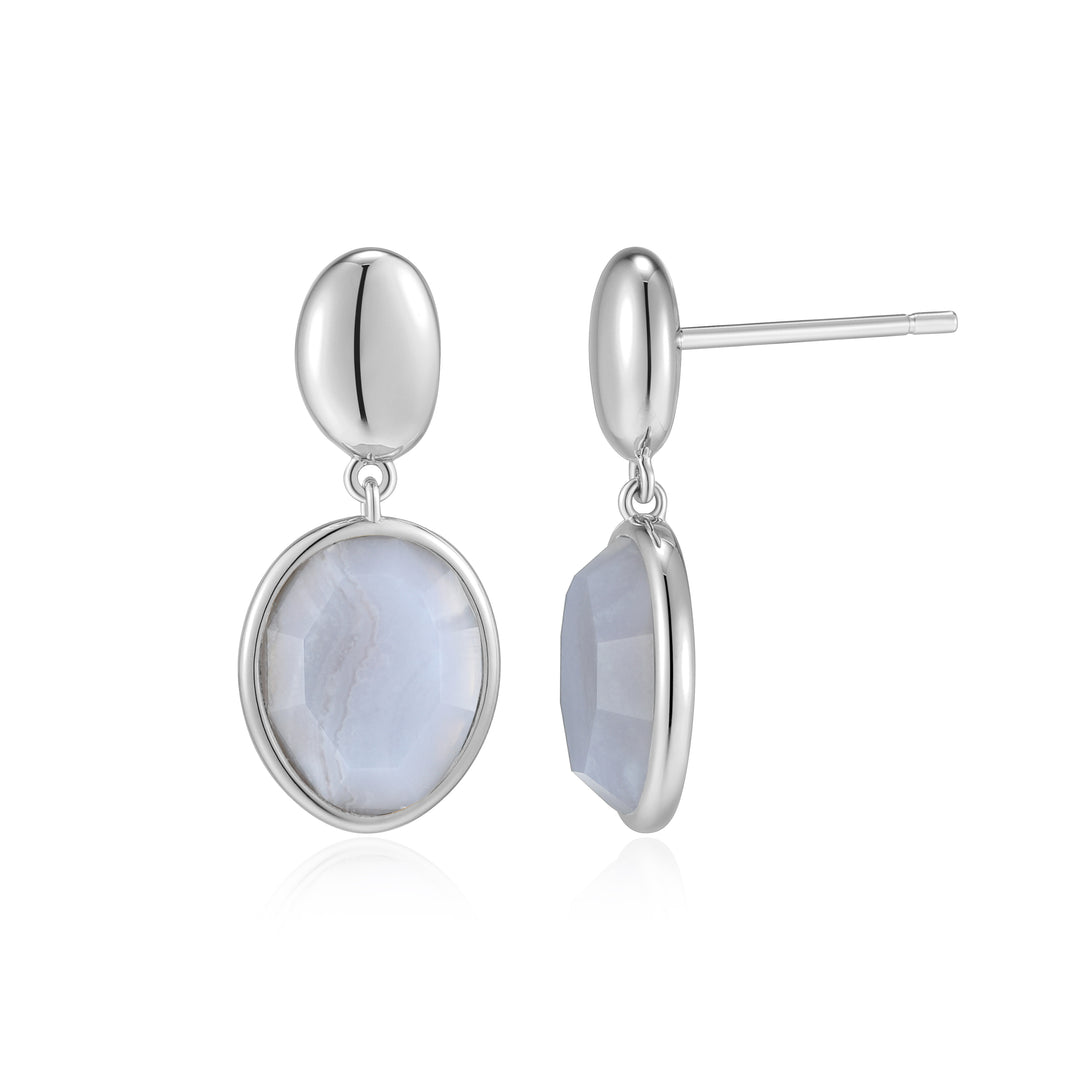 Sterling Silver Oval Blue Lace Agate Drop Earrings