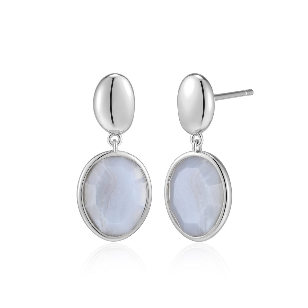 Sterling Silver Oval Blue Lace Agate Drop Earrings