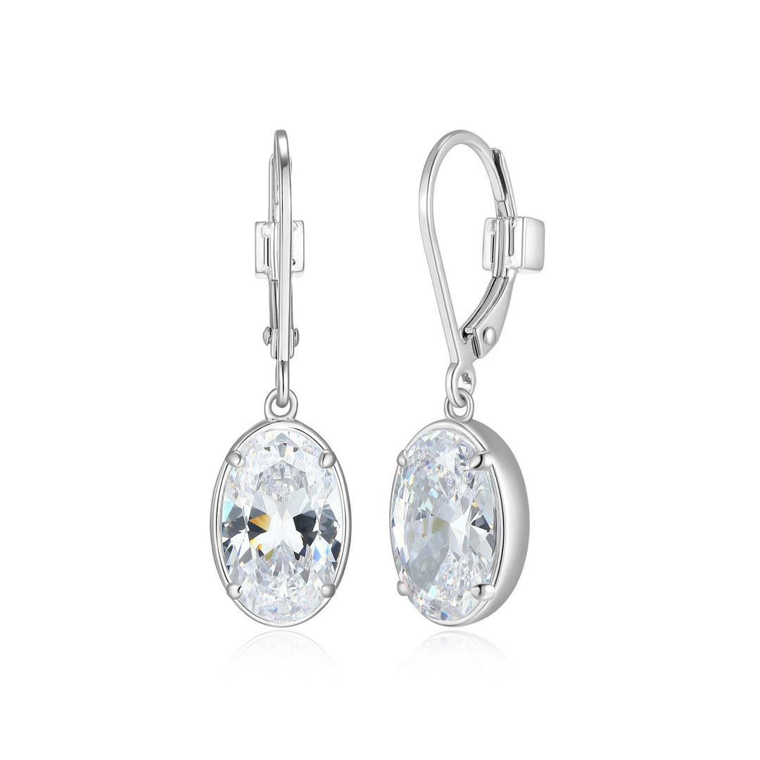 Rhodium-Plated Sterling Silver 11 x 7mm Oval Cubic Zirconia Drop Earrings
