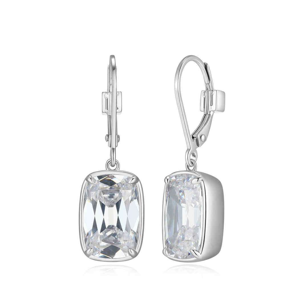 Rhodium-Plated Sterling Silver Elongated Emerald Cushion CZ Drop Earrings