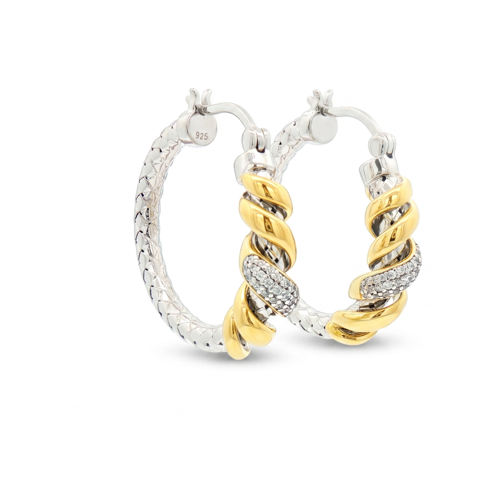 Two-Tone Sterling Silver Twisted Croissant & Mesh Hoop Earrings