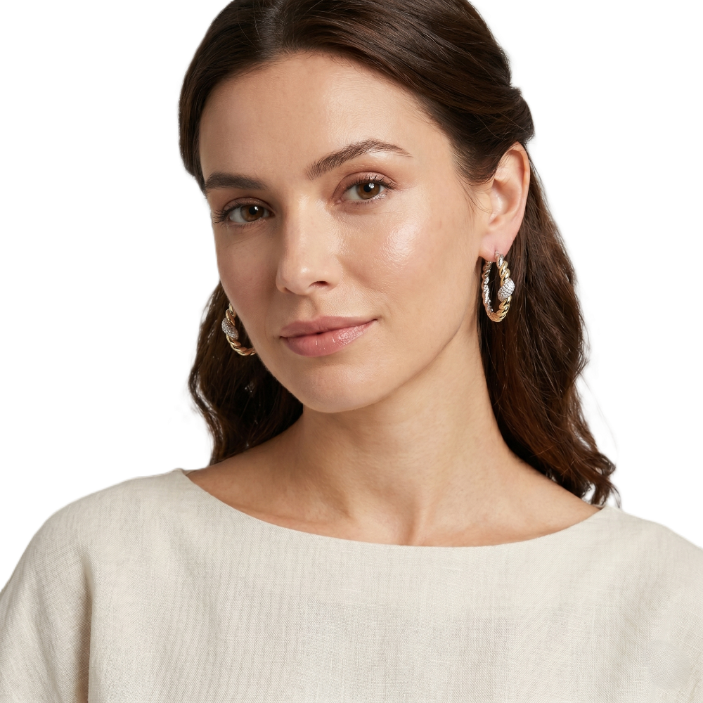 Two-Tone Sterling Silver Twisted Croissant & Mesh Hoop Earrings