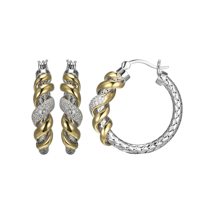 Two-Tone Sterling Silver Twisted Croissant & Mesh Hoop Earrings