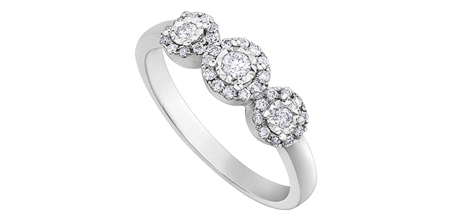 10K Multi Halo 3 stone Engagement Ring,