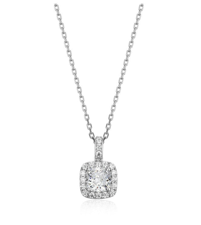Rhodium-Plated Sterling Silver 6mm Cushion-Cut CZ Halo Pendant