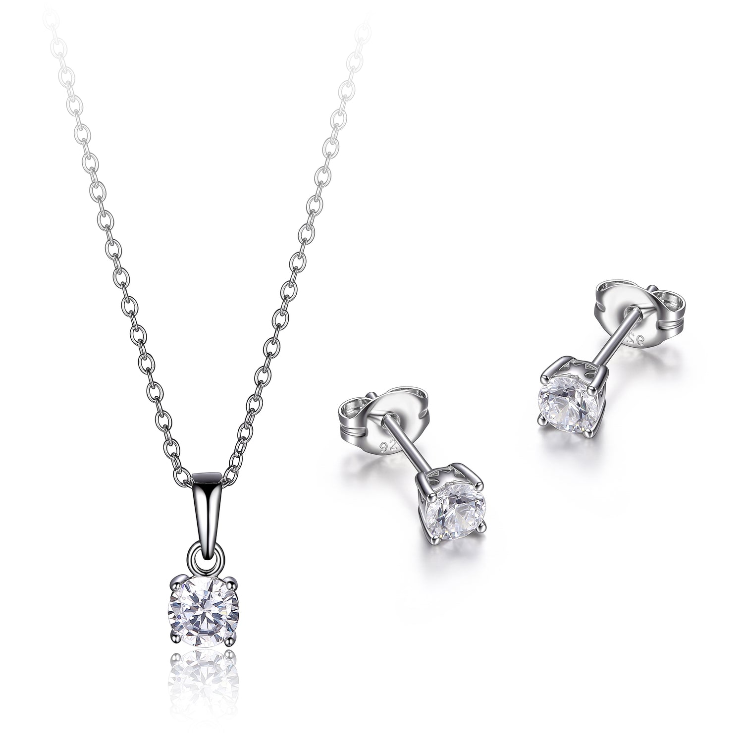 Solitaire Earring & Necklace Set, Sterling Silver