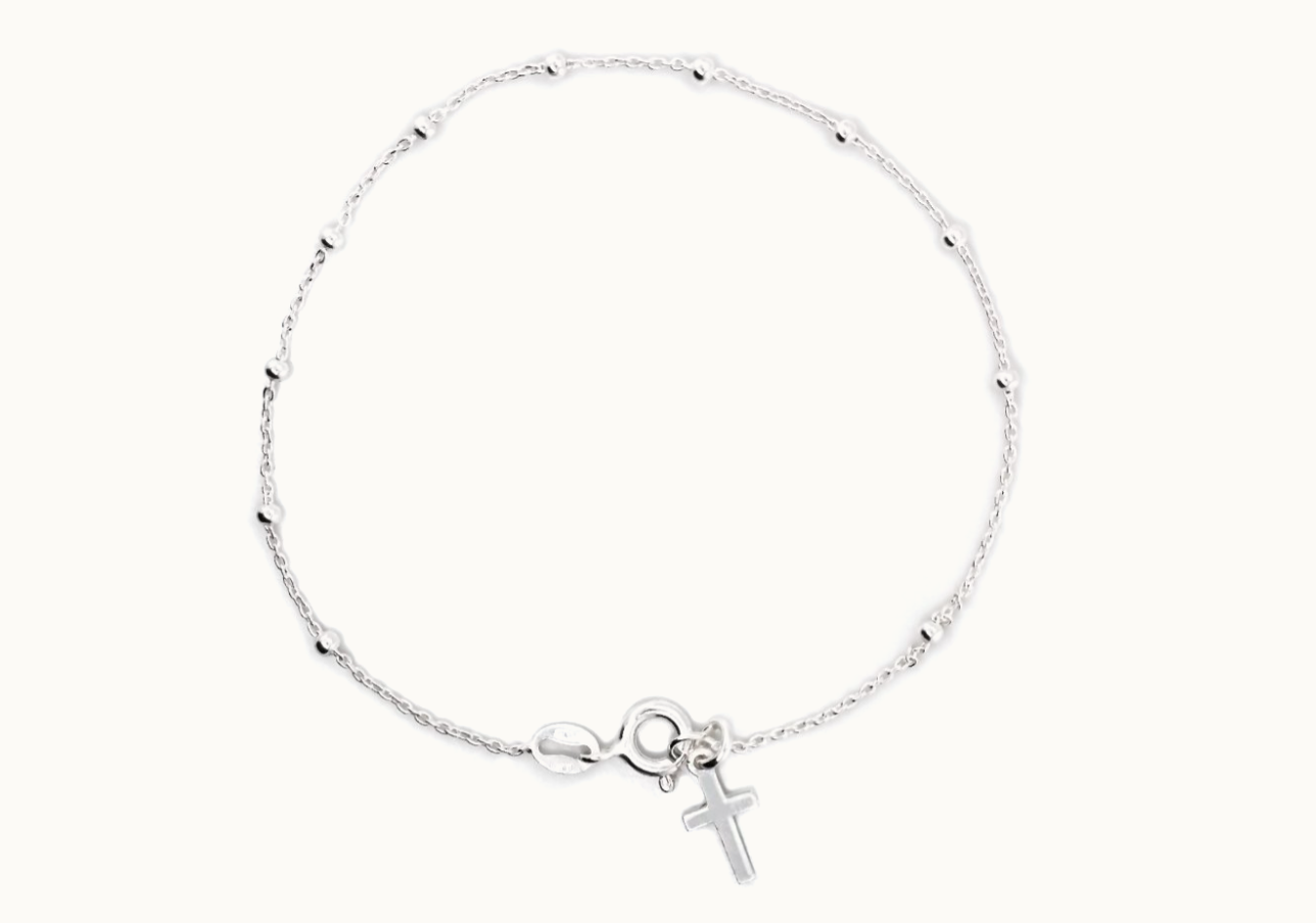 Rhodium-plated Sterling Silver Rosary Cross Bracelet, 7.5"