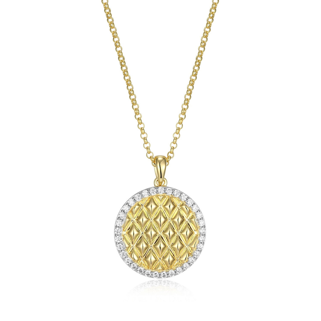 Two-Tone Sterling Silver Quilted Round Halo Pendant Necklace