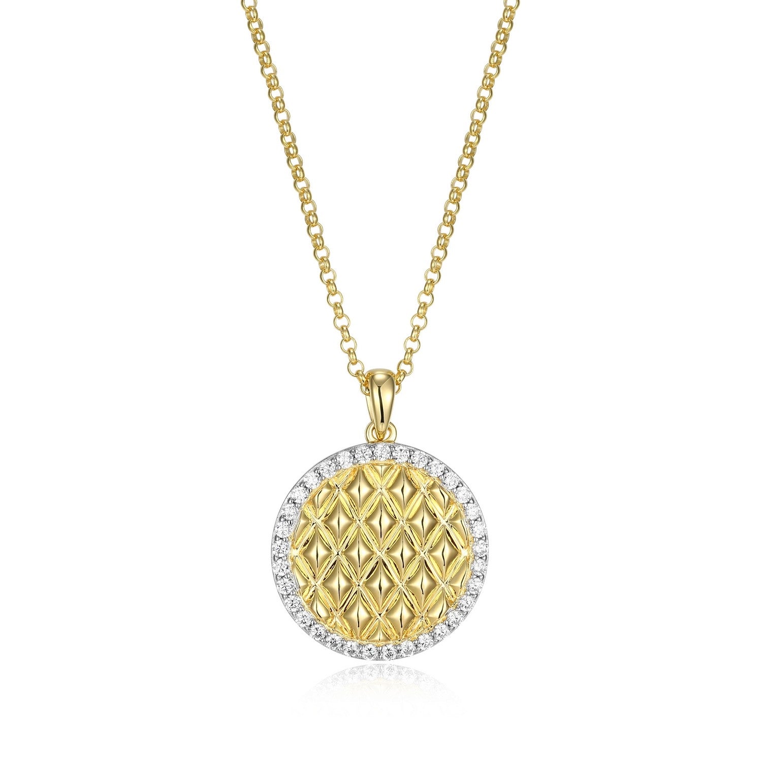 Two-Tone Sterling Silver Quilted Round Halo Pendant Necklace