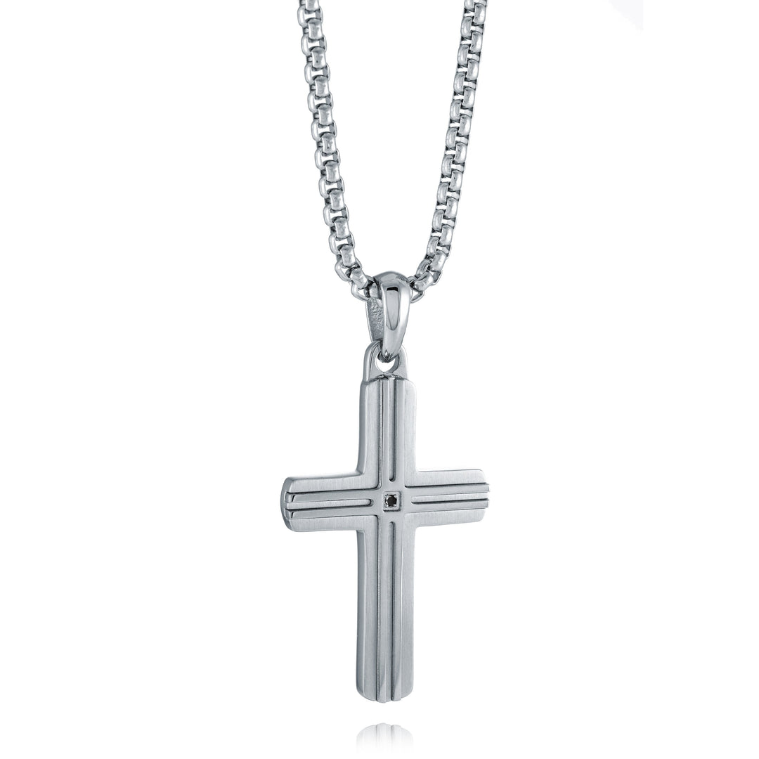 Italgem Steel Brushed Stainless Steel Black CZ Cross Necklace