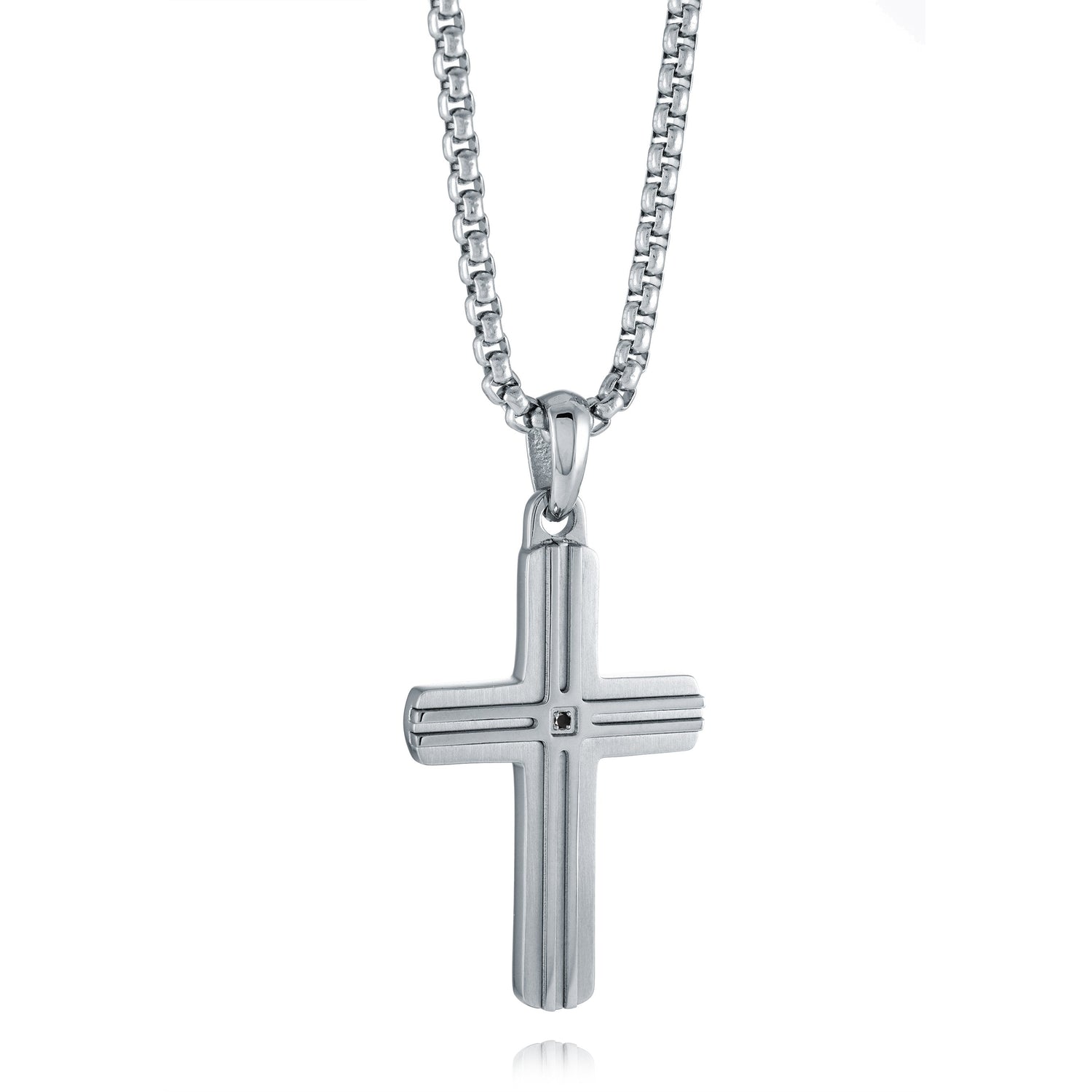 Italgem Steel Brushed Stainless Steel Black CZ Cross Necklace