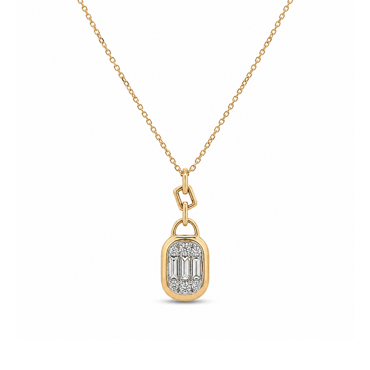 14k Yellow Gold Drop Pendant with Round and Baquette Diamonds