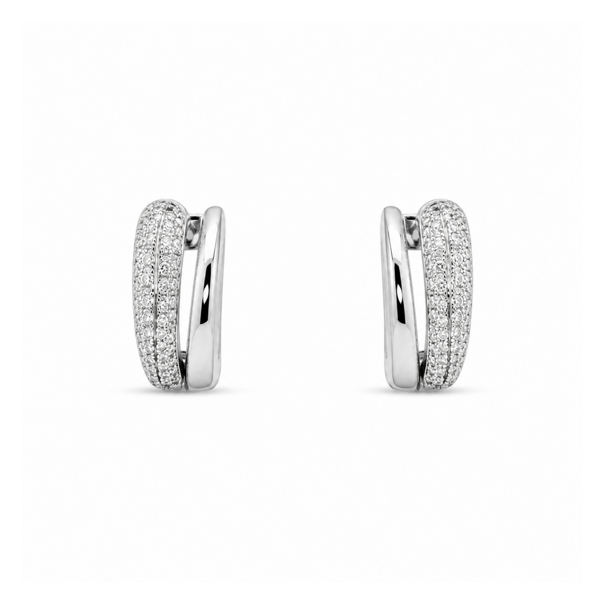 Doubled Look Huggie Hoop Earrings with Pavé Cubic Zirconias