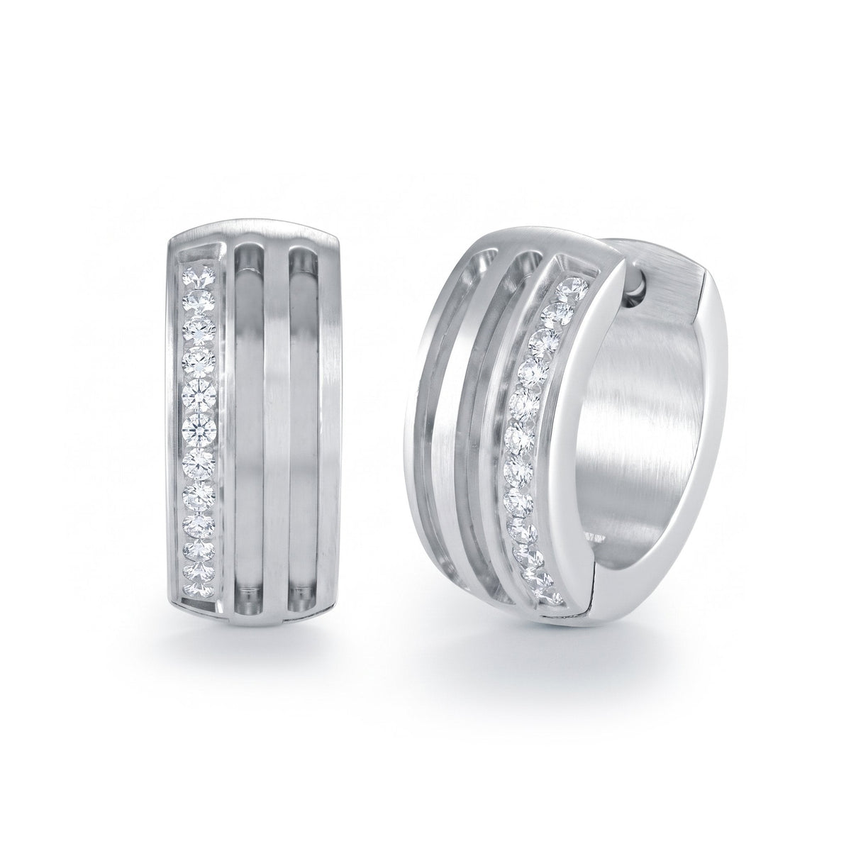 Steel and White CZ Huggie Hoops