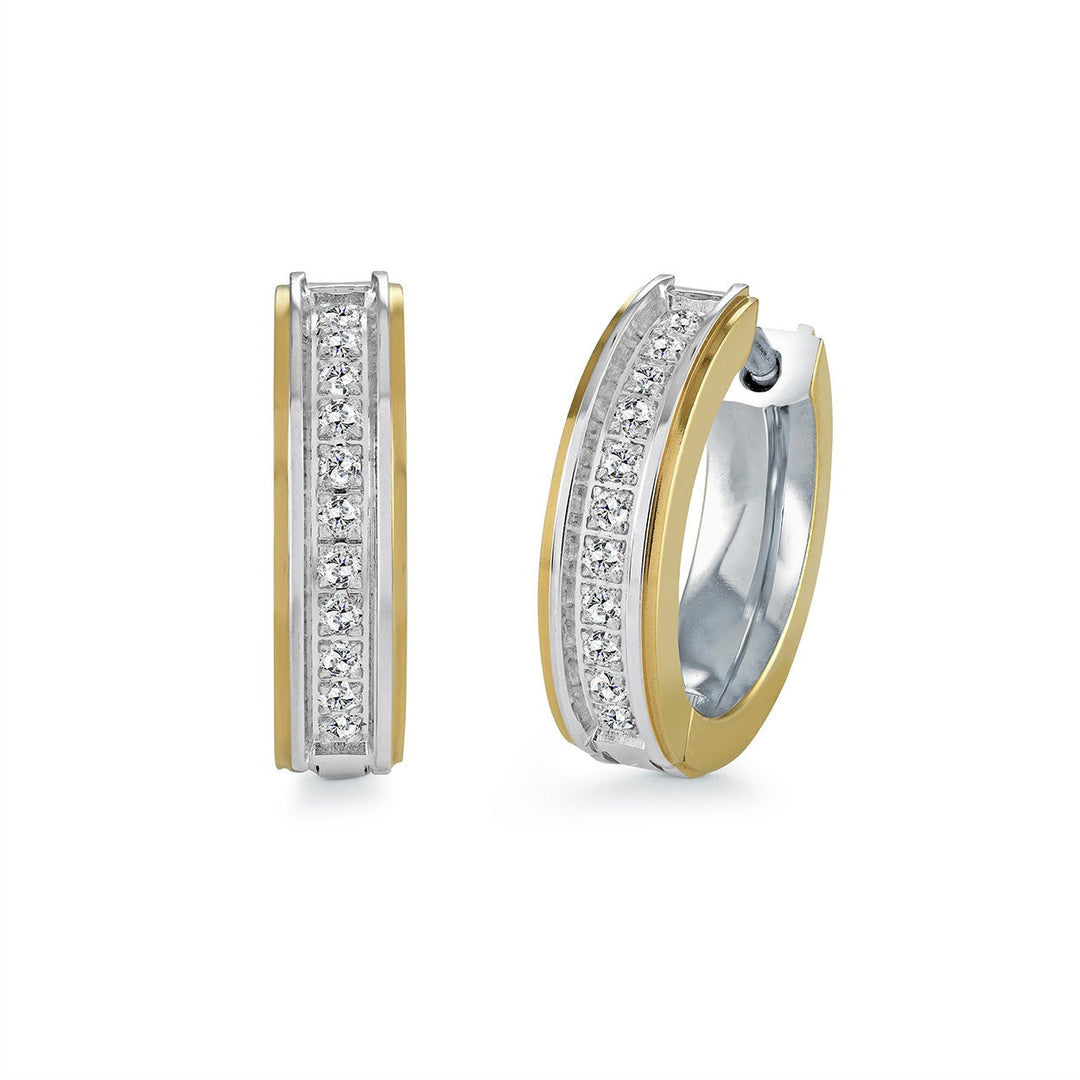 15MM Two Tone Channel Set CZ Huggie Earrings