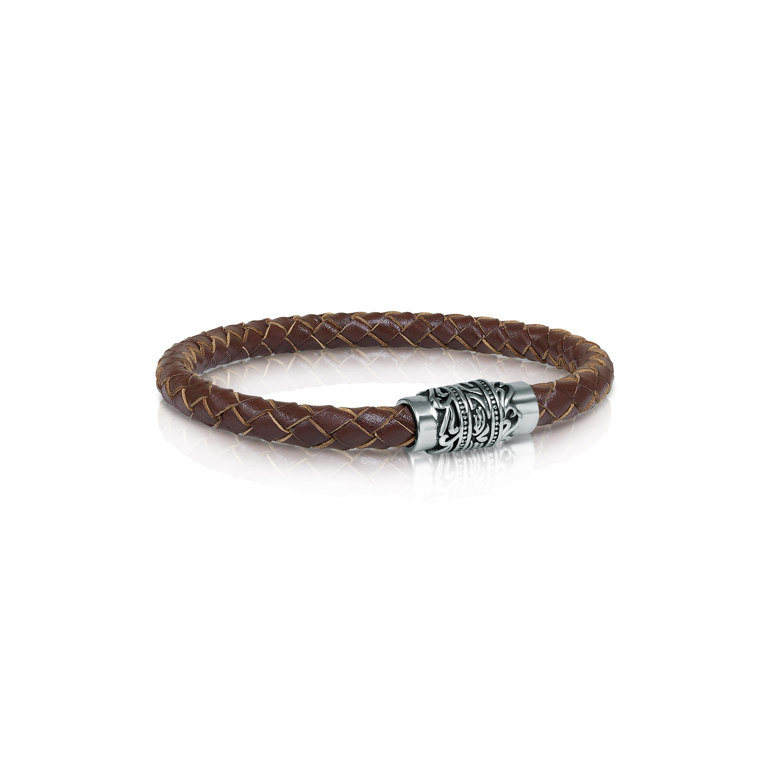 Italgem Steel Brown Braided Leather Bracelet with Engraved Clasp