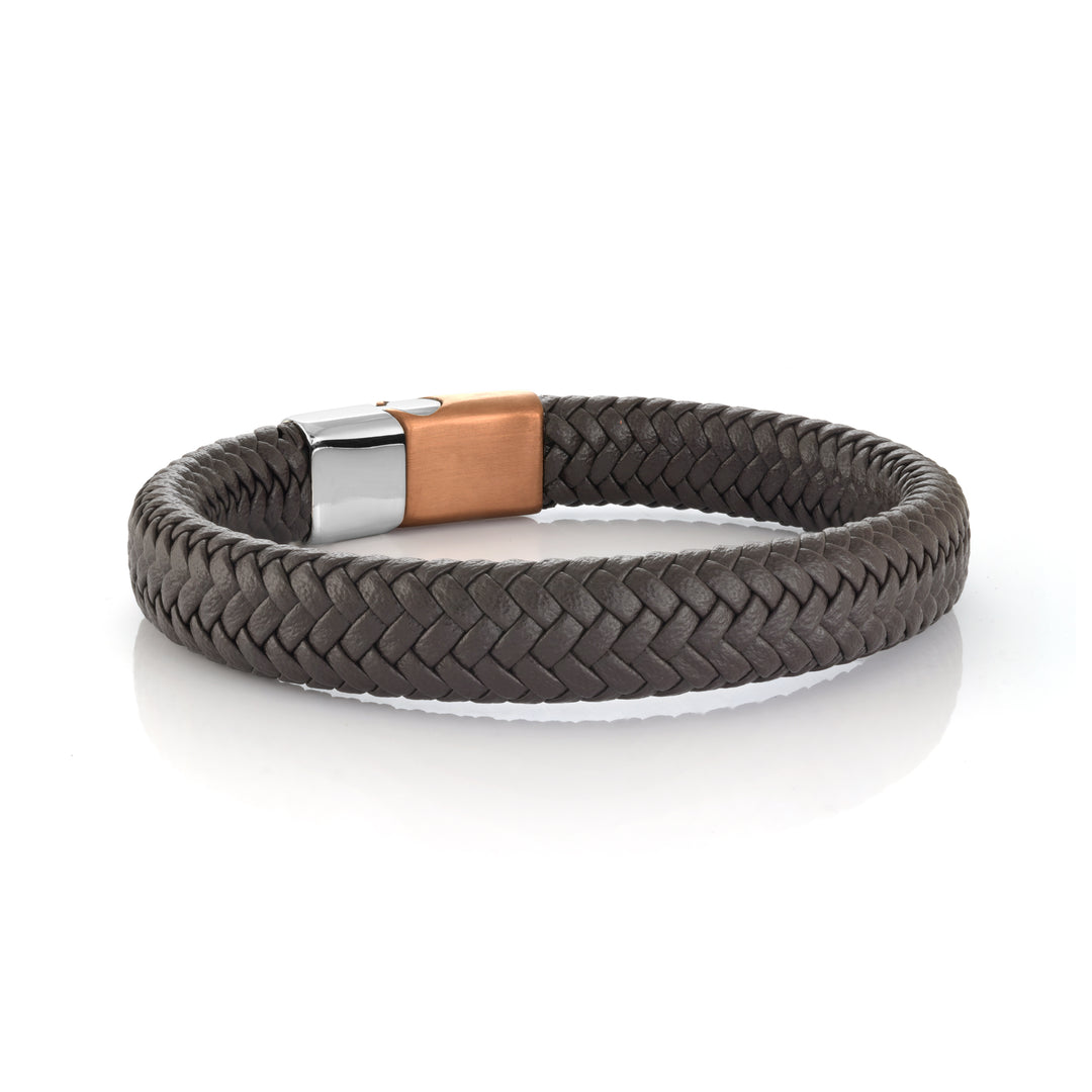 Steel & Leather Braided 12MM Bracelet, 8.2"