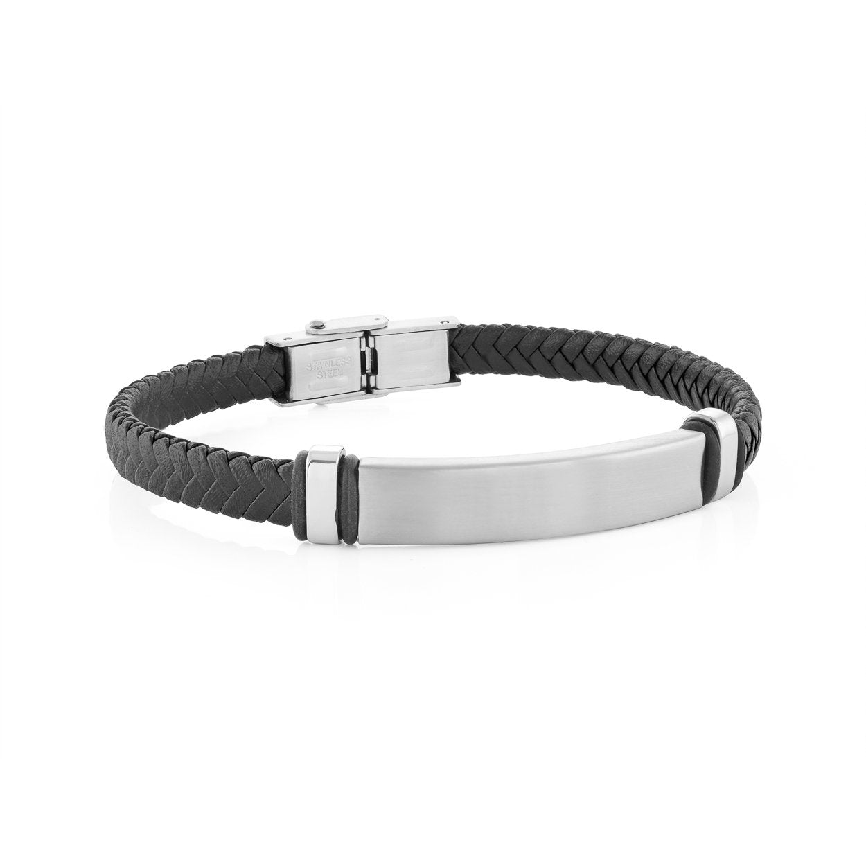 Italgem Black Braided Leather Brushed Stainless Steel ID Bracelet