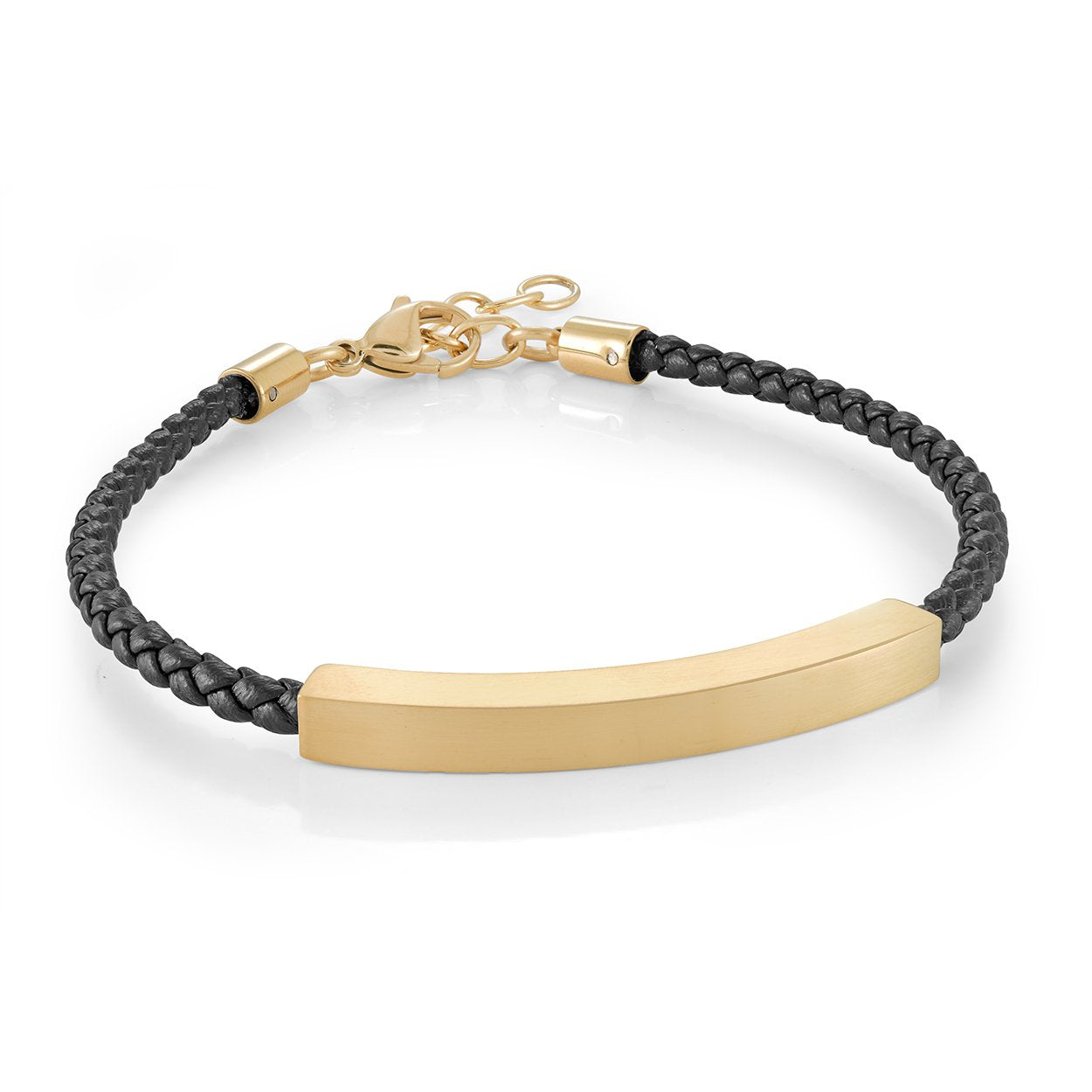 Italgem Steel Black Leather Bracelet with Gold IP Plate