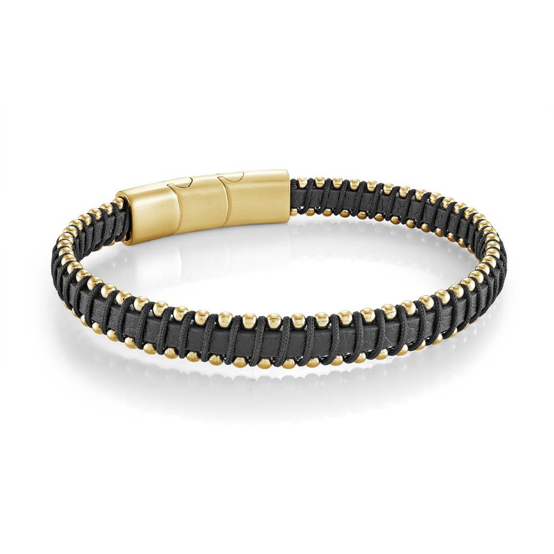 Black and Yellow Leather and Steel Bracelet, 8"