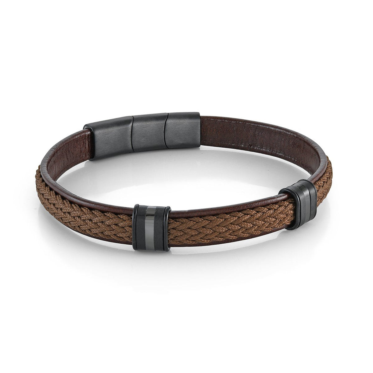 Brown Leather and Braided Cord Bracelet with Magnetic Clasp