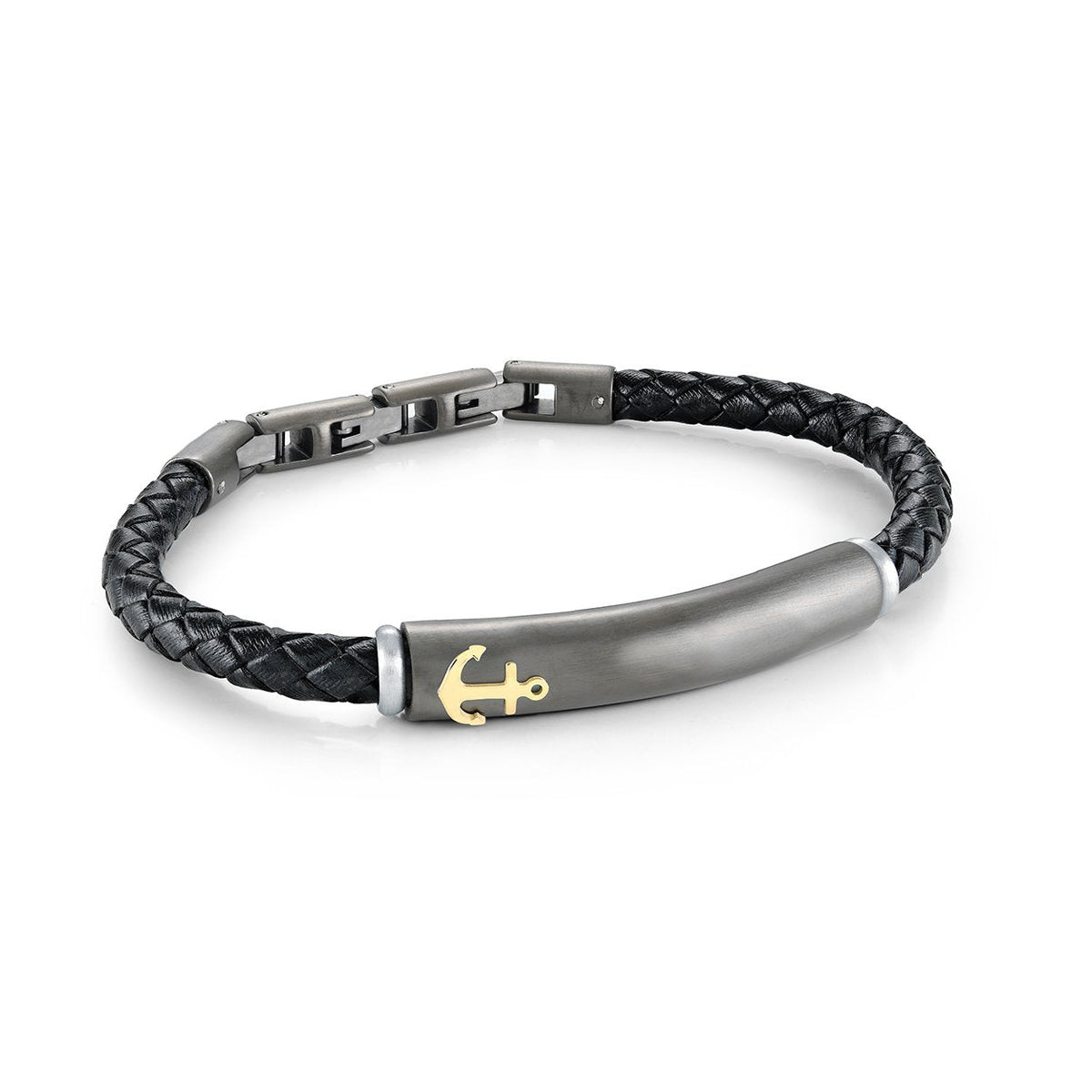 Black Leather and Stainless Steel Bracelet with Anchor Emblem