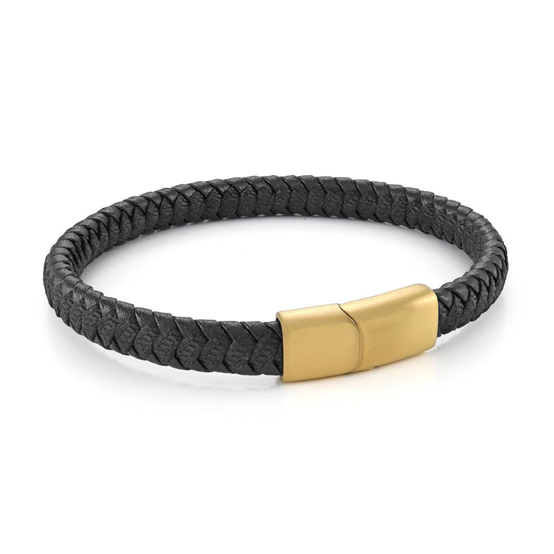 Black Braided Leather and Nylon Bracelet with Gold Tone Clasp, 8"