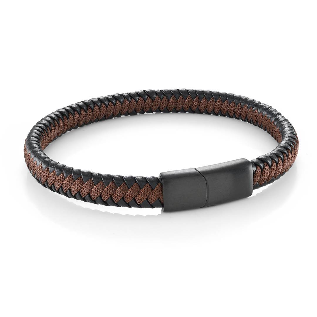 Black and Brown Braided Leather Bracelet, 8"