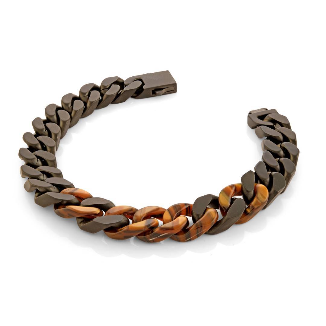 Matte Black and Tiger Eye Curb Link Bracelet, 8.5"