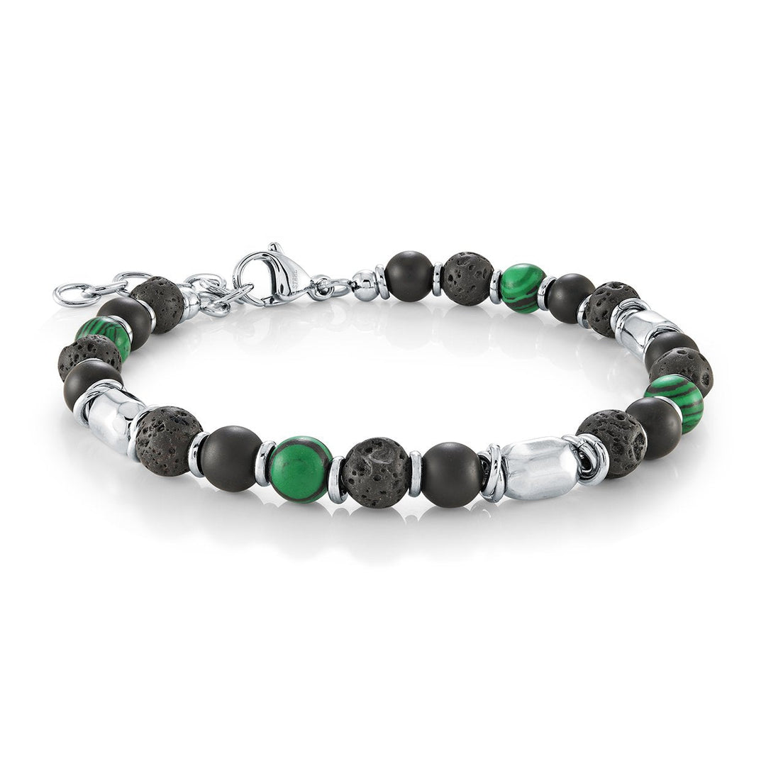 Italgem Steel Malachite and Onyx Lava Beaded Bracelet