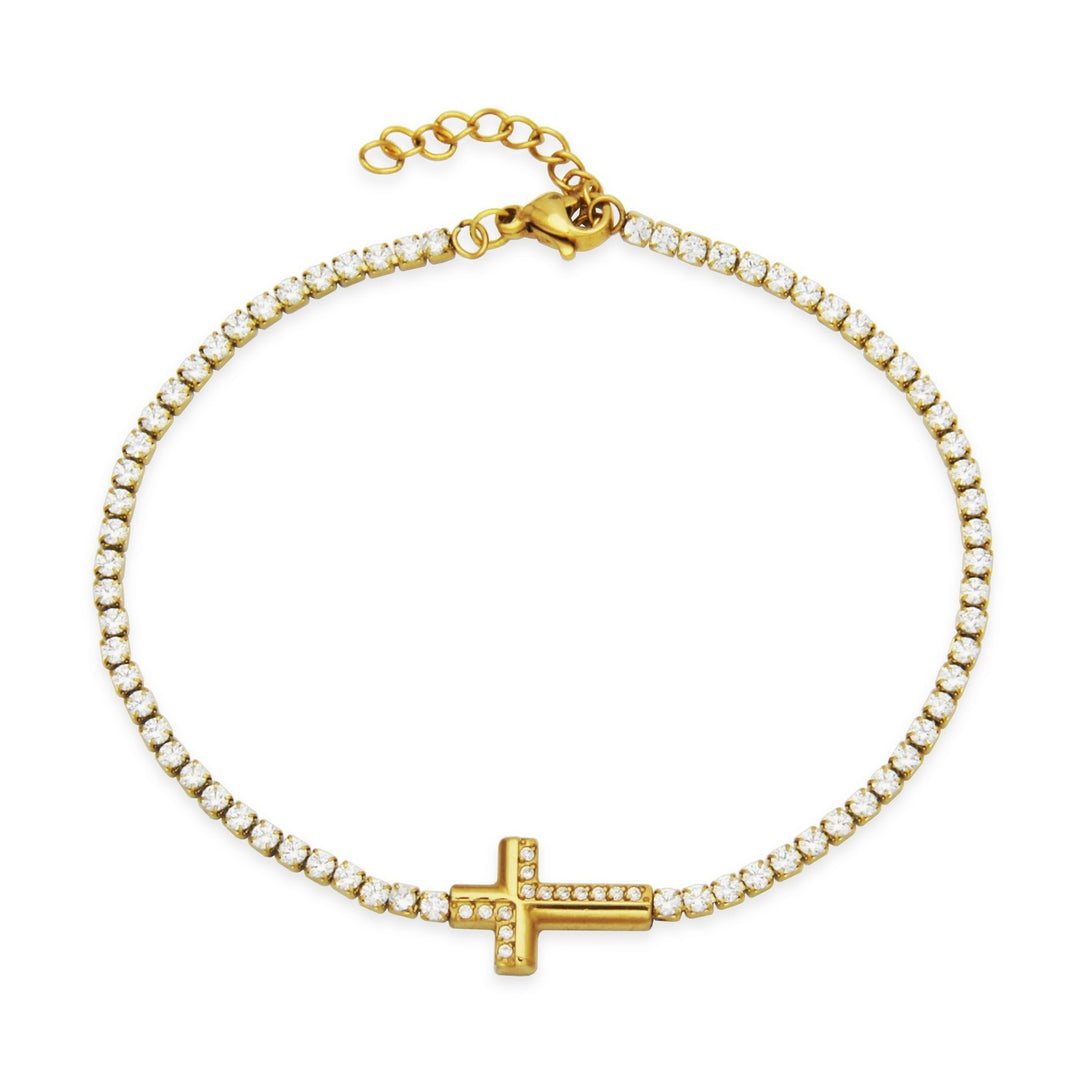 Gold Ion-Plated Stainless Steel Sideways Cross Tennis Bracelet