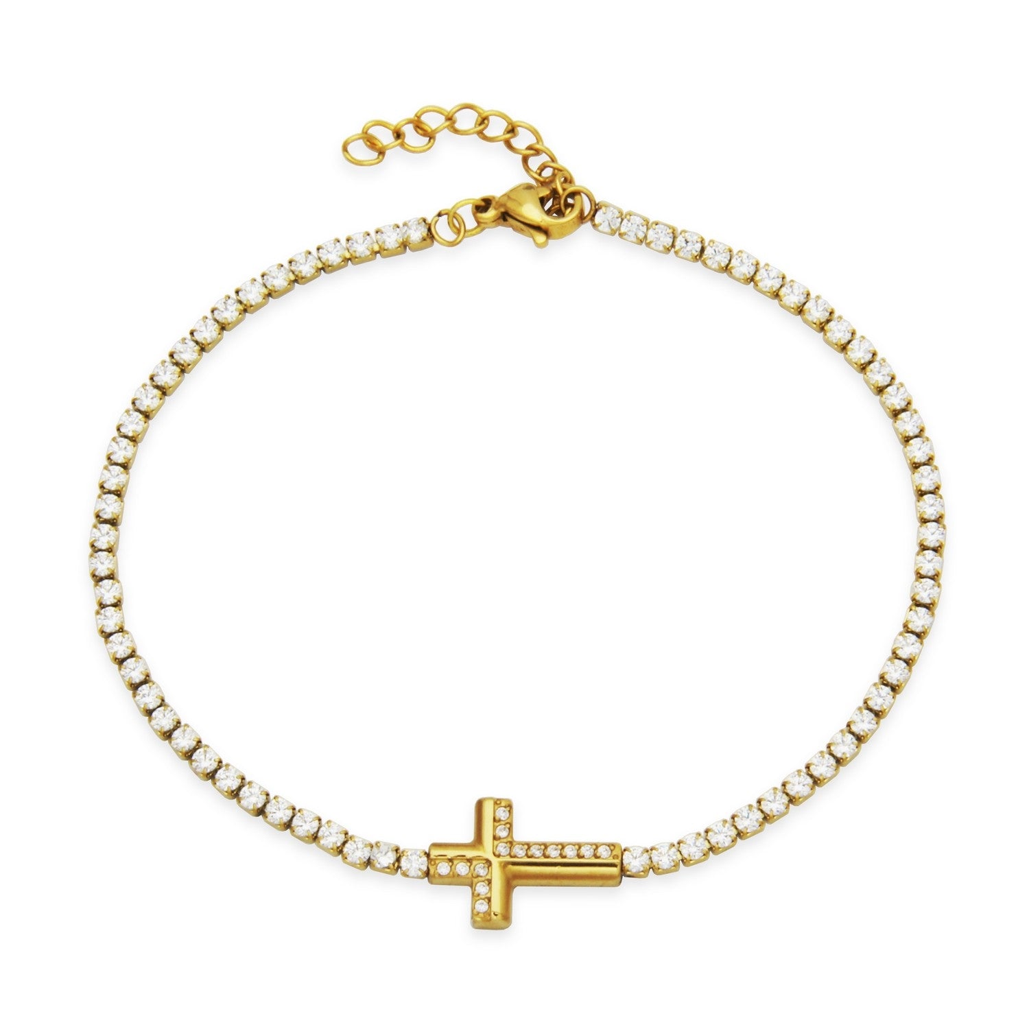 Gold Ion-Plated Stainless Steel Sideways Cross Tennis Bracelet