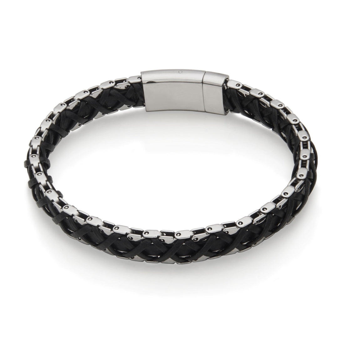 Stainless Steel and Woven Black Leather Hybrid Bracelet