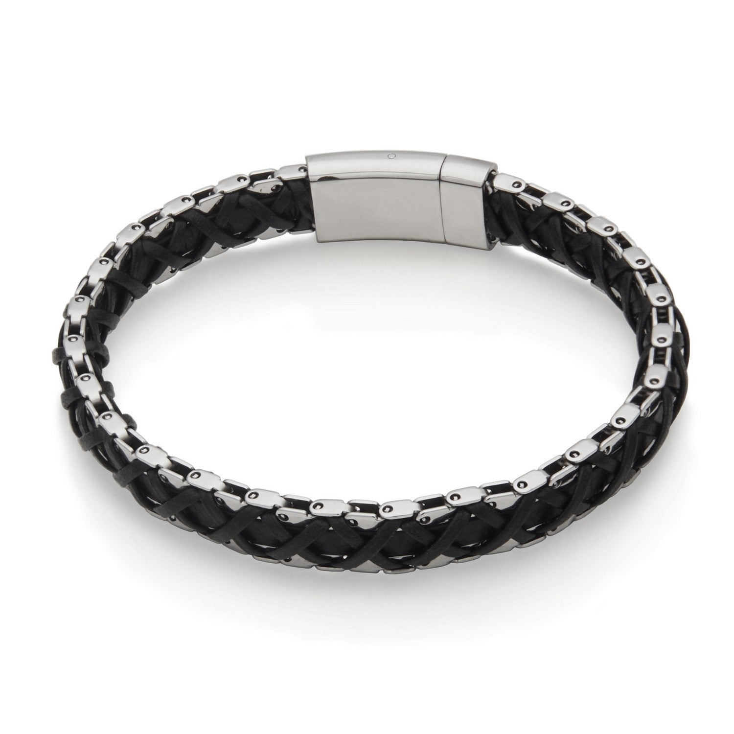 Stainless Steel and Woven Black Leather Hybrid Bracelet