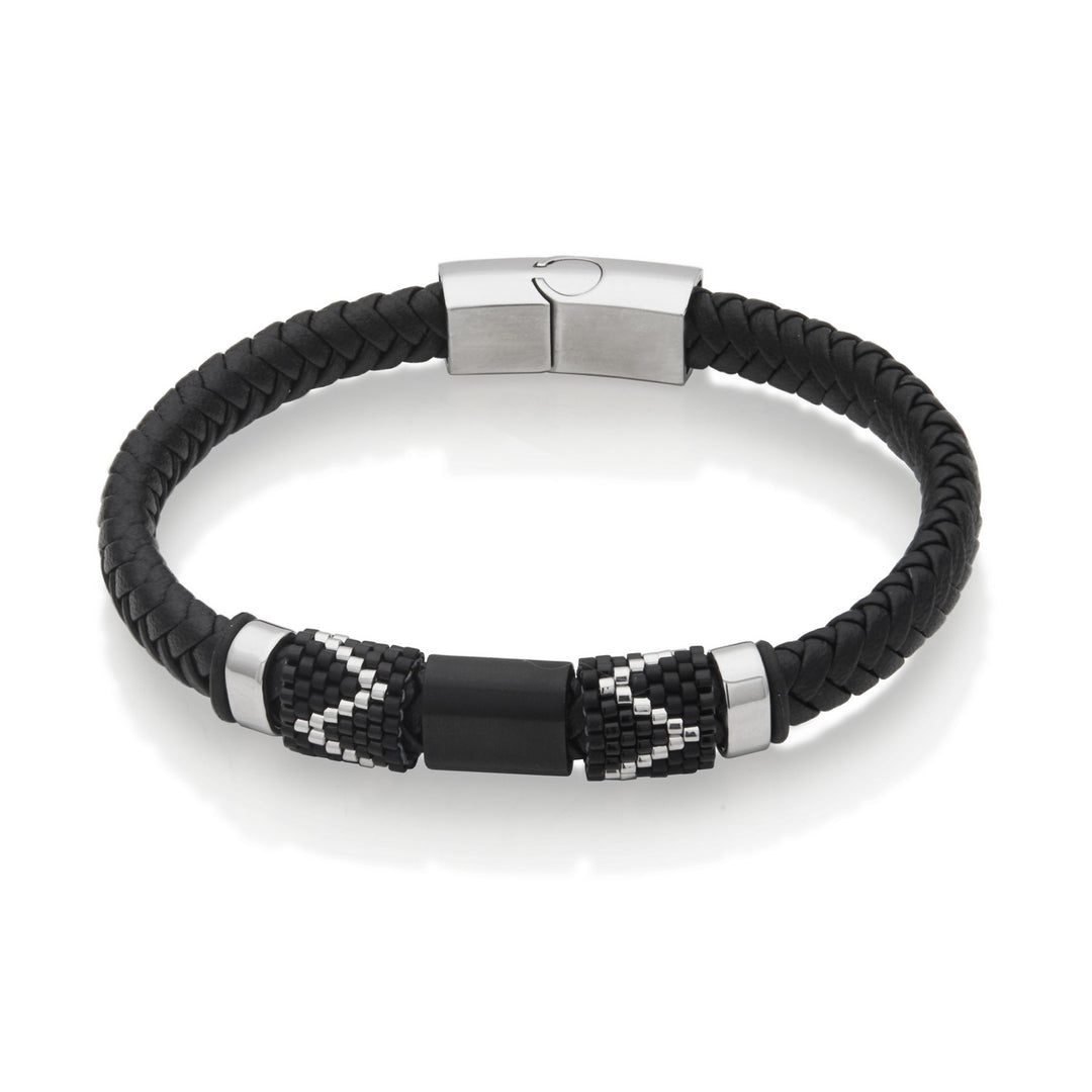 Braided Black Leather Bracelet with Miyuki Bead Accents