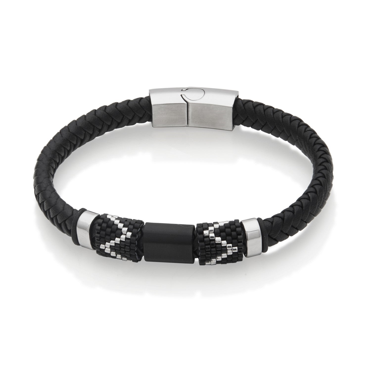 Braided Black Leather Bracelet with Miyuki Bead Accents