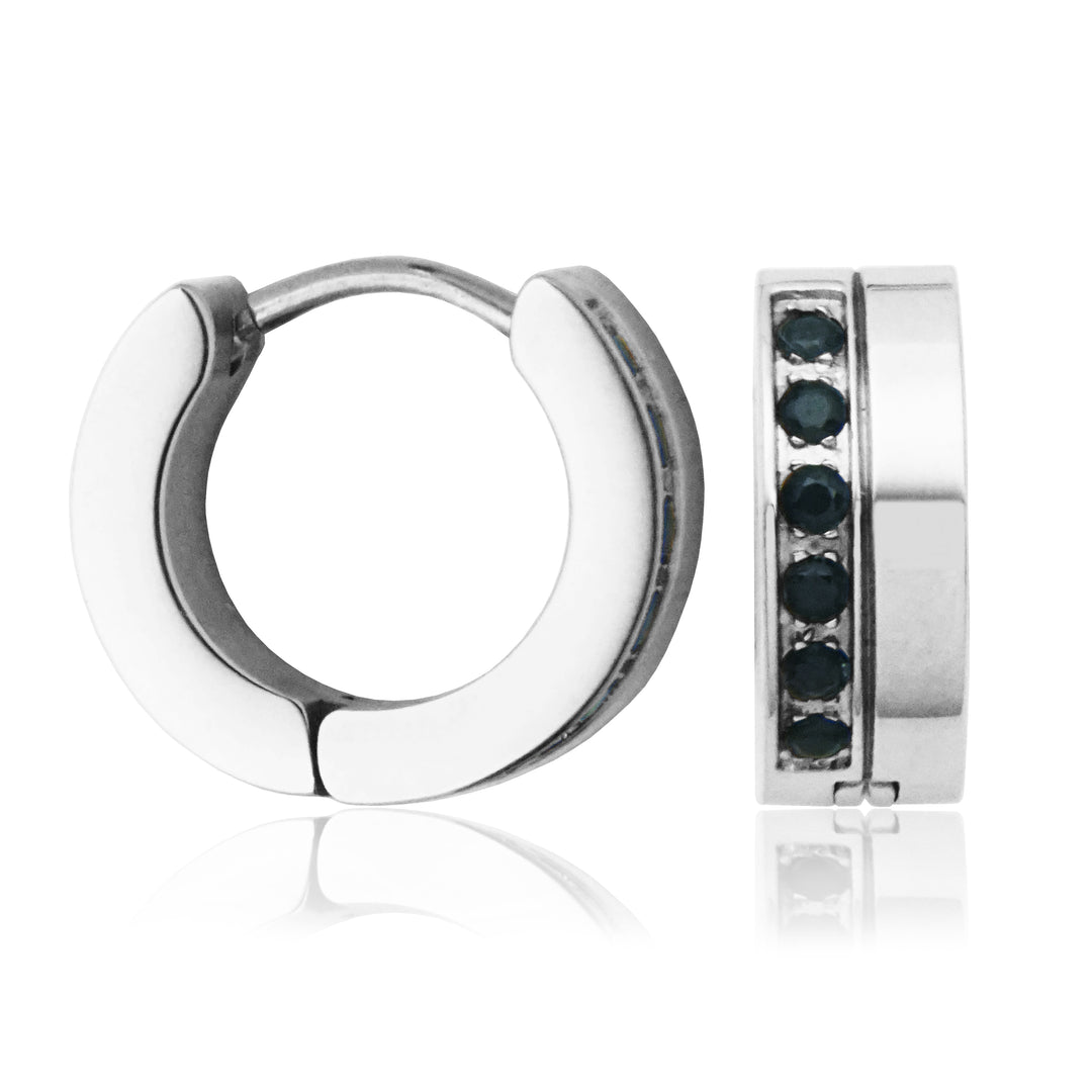 Stainless Steel Huggie Hoop Earrings with Offset Black Cubic Zirconia